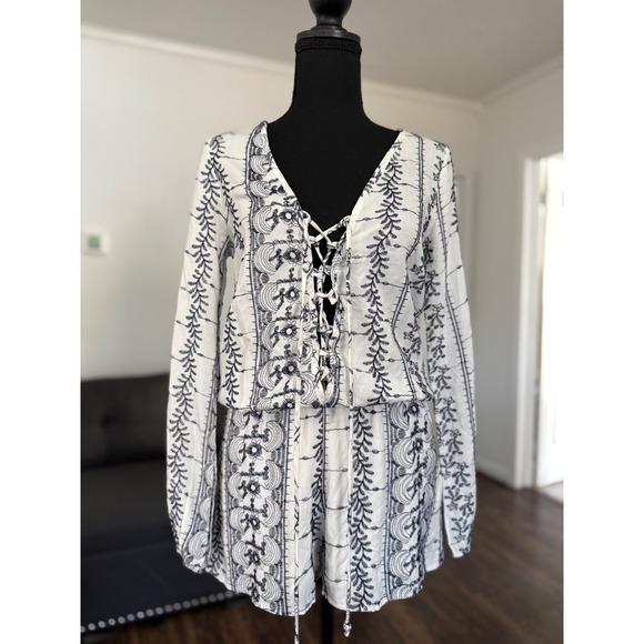Vintage Havana Pants - NEW Vintage Havana Embroidered Romper Lace Up jumpsuit Boho Chic Size S